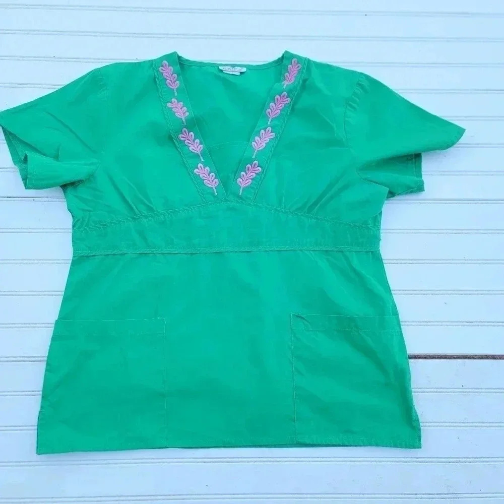 Lot Of 6 Womens Scrub Uniform Tops Blue Brown  Green Cherokee SB Sz M - Picture 6 of 8